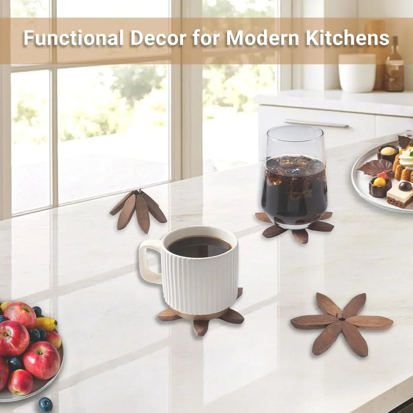 Wooden flower coasters under coffee mug and glass on modern kitchen counter with fruit and desserts