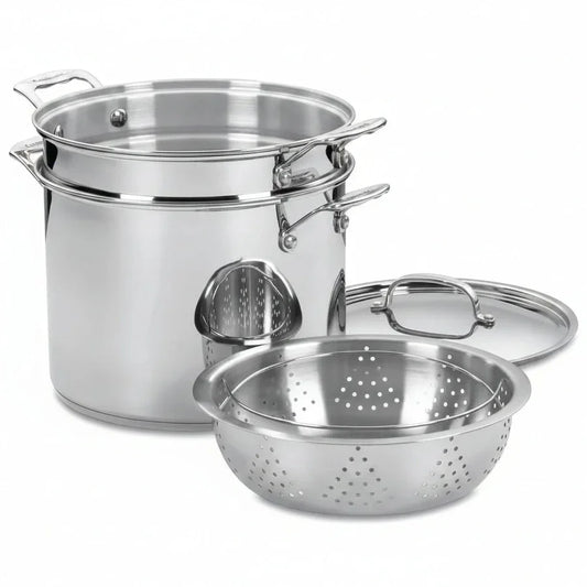 Stainless steel cookware set with colander and lid for everyday cooking and organized kitchen storage