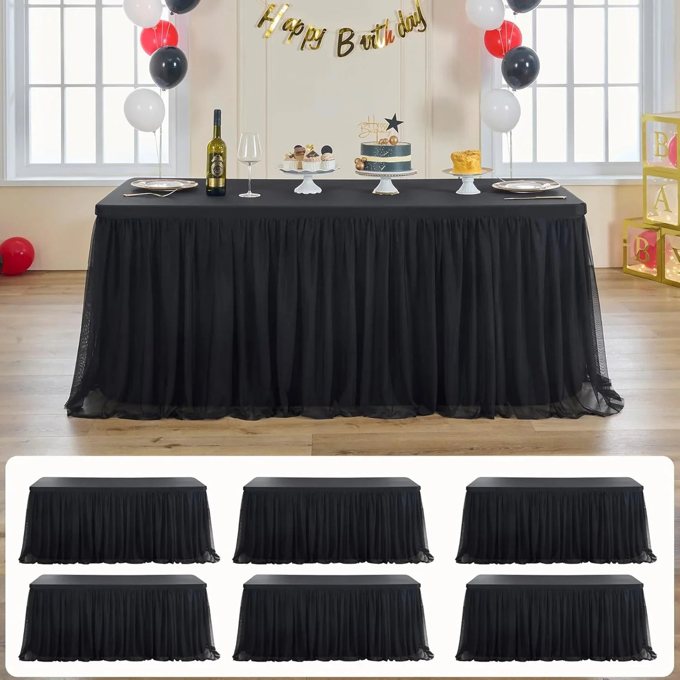 6 Pk 6Ft Black Tulle Tablecloth for Rectangle Tables, 2-In-1 Table Covers with Tulle Skirt,Wrinkle Free Stretchy Ruffle Tulle Table Cloths Fitted for Wedding Party Banquet Vendor