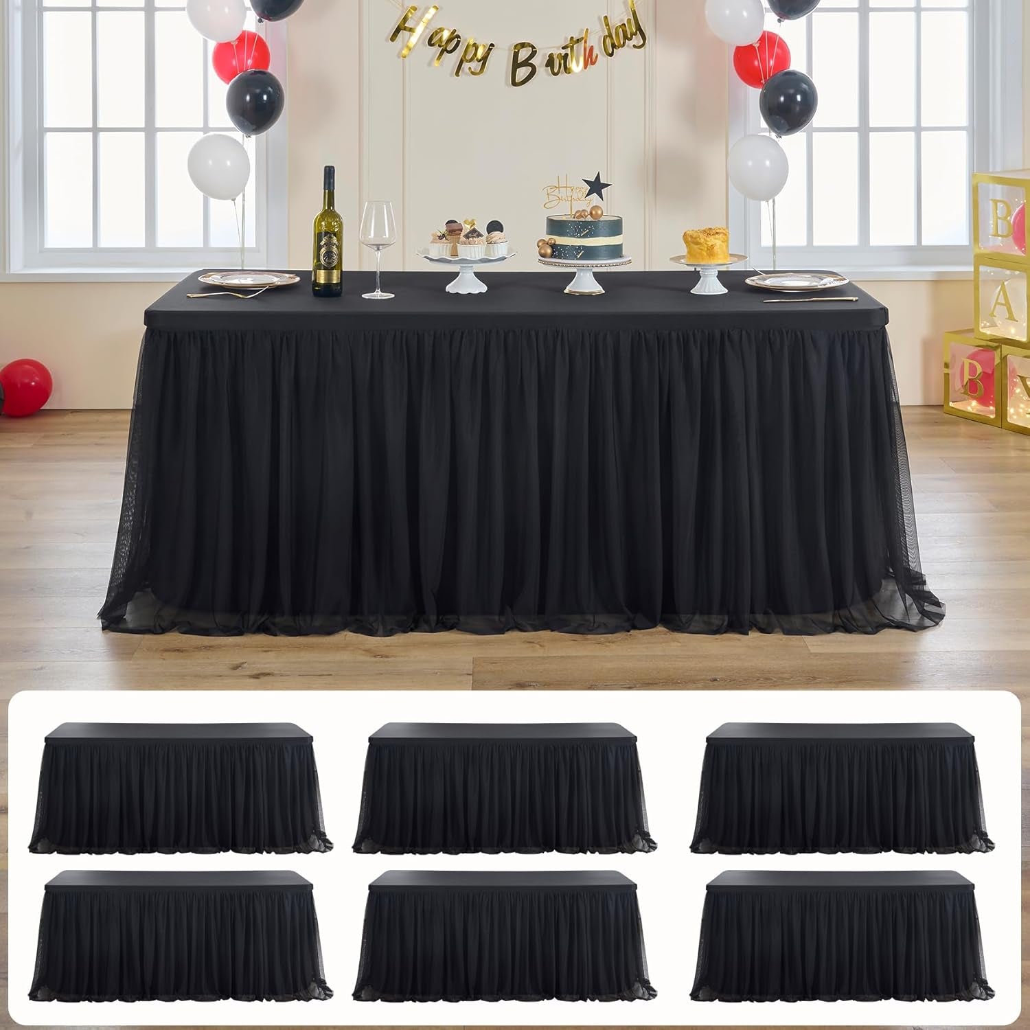 6 Pk 6Ft Black Tulle Tablecloth for Rectangle Tables, 2-In-1 Table Covers with Tulle Skirt,Wrinkle Free Stretchy Ruffle Tulle Table Cloths Fitted for Wedding Party Banquet Vendor