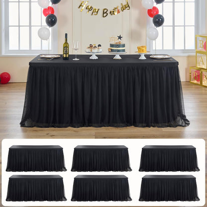 6 Pk 6Ft Black Tulle Tablecloth for Rectangle Tables, 2-In-1 Table Covers with Tulle Skirt,Wrinkle Free Stretchy Ruffle Tulle Table Cloths Fitted for Wedding Party Banquet Vendor