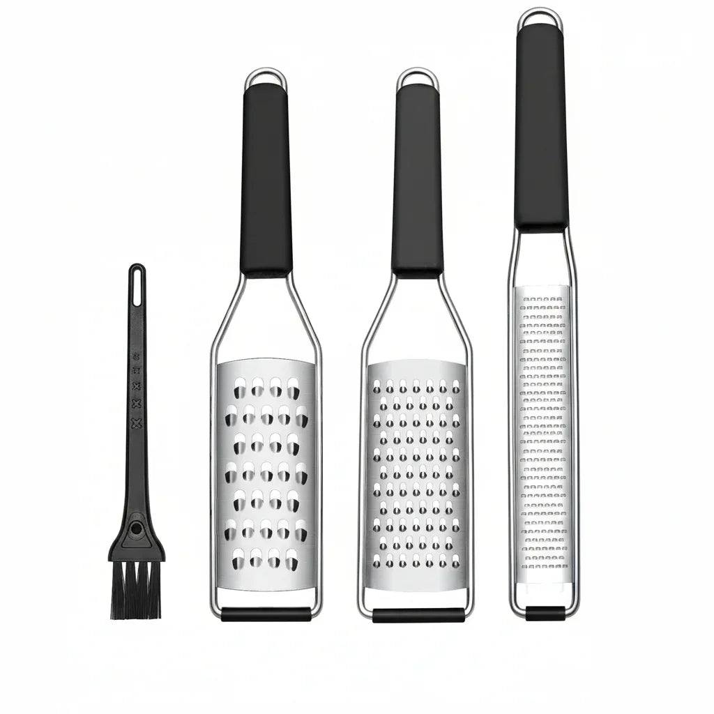 Stainless steel kitchen grater set with black handles and cleaning brush for cheese, vegetables, and zesting