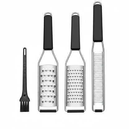 Stainless steel kitchen grater set with black handles and cleaning brush for cheese, vegetables, and zesting