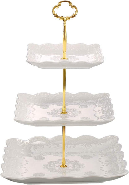 3 Tier Porcelain Cupcake Stand, Tiered Serving Cake Stand, Square White Embossed Dessert Stand, Weddings Parties Pastry Serving Tray