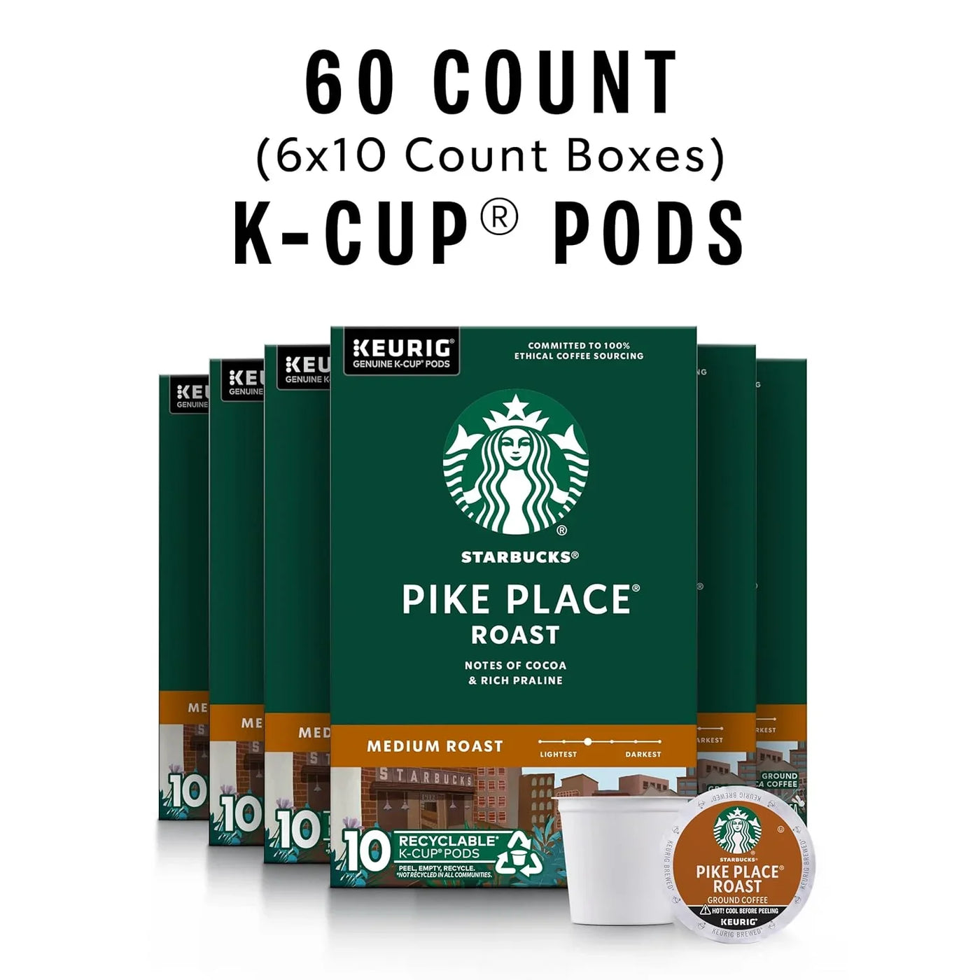 K-Cup Coffee Pods, Medium Roast Hot or Iced Coffee, Pike Place Roast, 60 Keurig Pods