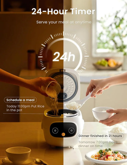 Mini Rice Cooker 4 Cups Cooked/2 Cups Uncooked, Portable Non-Stick Rice Maker, 24 Hours Timer Delay, 6 Functions, Fast Cooker, Brown Rice, Oatmeal, White