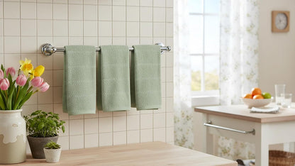 Sage Green Kitchen Dish Towels: 100% Cotton Cloth Soft Cleaning Drying Absorbent Textured Terry Loop, Set of 3 Multipurpose for Everyday Use