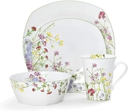 Wildflower Garden Dinnerware Set, 16-Piece Bone China Dishes Service for 4, Square Plates and Bowls Set with Mugs, Floral Design, Dishwasher and Microwave Safe