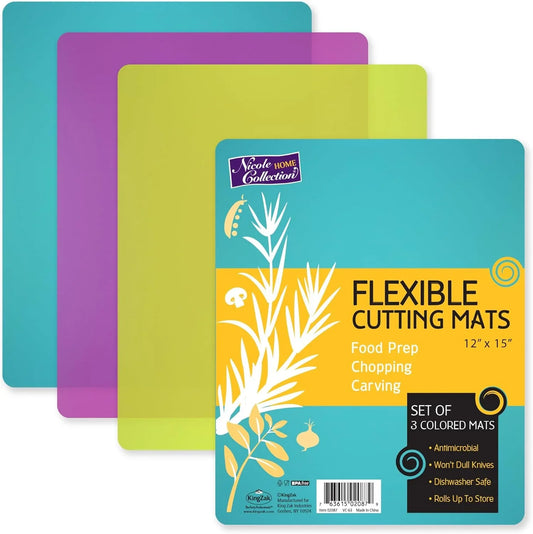 Flexible Cutting Mats Set of 3 - Bpa-Free Plastic Color-Coded Kitchen Chopping Boards, 12"X15", Durable Non-Slip Mats for Meat, Veggies, Fruits