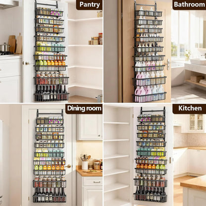 9 Tier over the Door Pantry Organizer, 2 in 1 Wall Mount or Hanging Spice Rack with Adjustable Basket, Seasoning Organizer and Storage for Kitchen Cabinet Closet Bathroom
