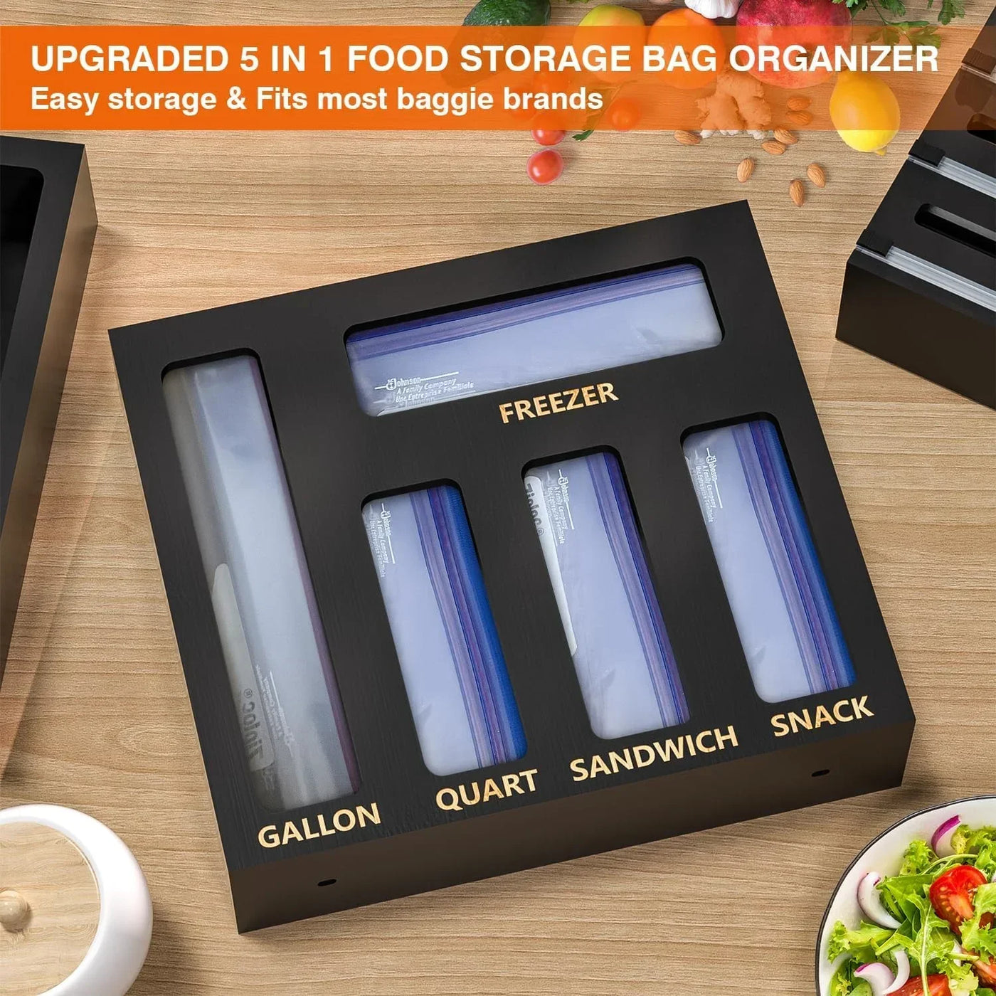 5-in-1 food storage bag organizer with labeled compartments for gallon, quart, sandwich, snack, and freezer bags