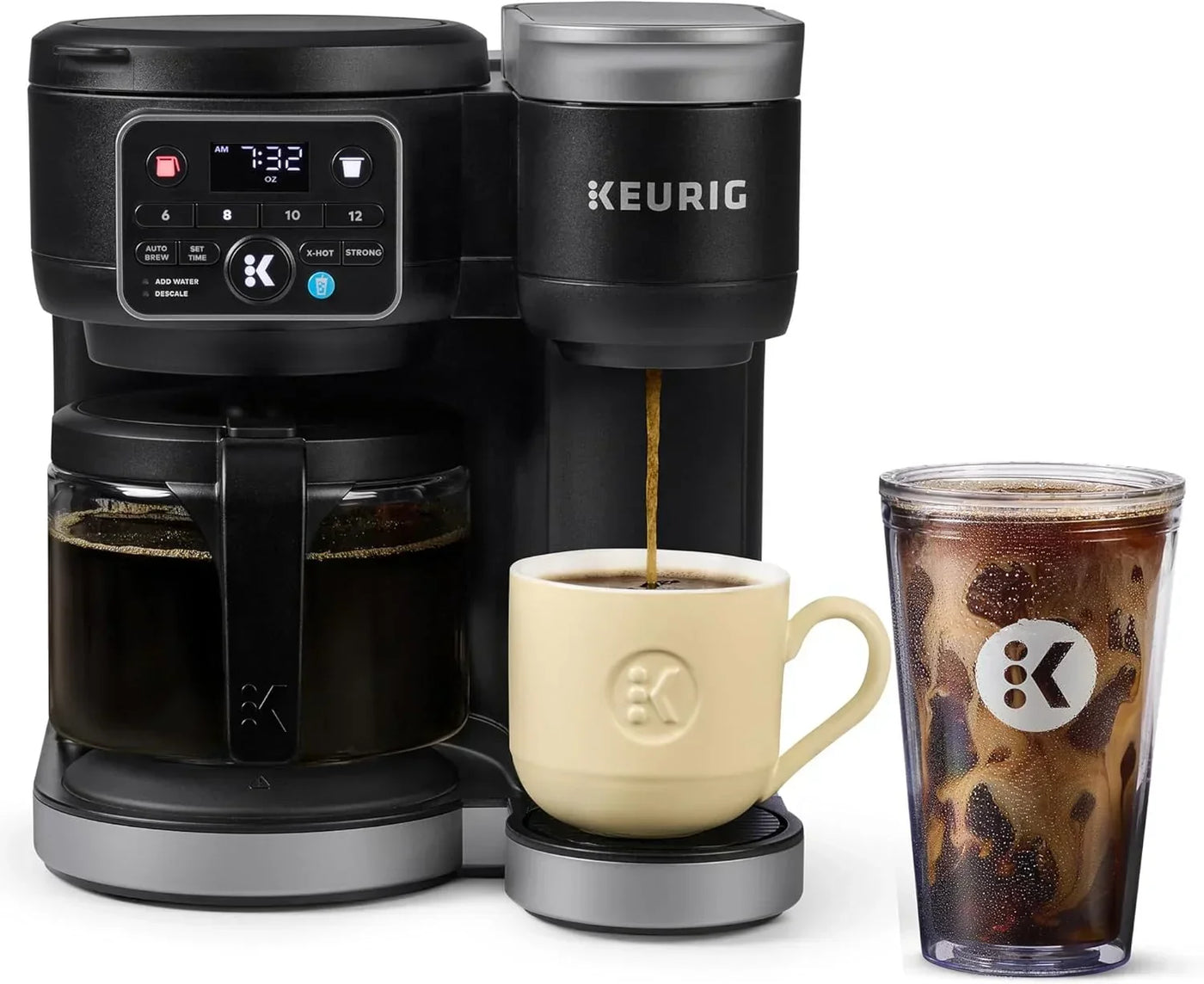 Keurig coffee maker brewing into mug and tumbler, featuring single-serve and carafe options for home kitchen use