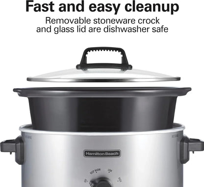 6-Quart Slow Cooker with 3 Cooking Settings, Dishwasher-Safe Stoneware Crock & Glass Lid, Silver (33665G)