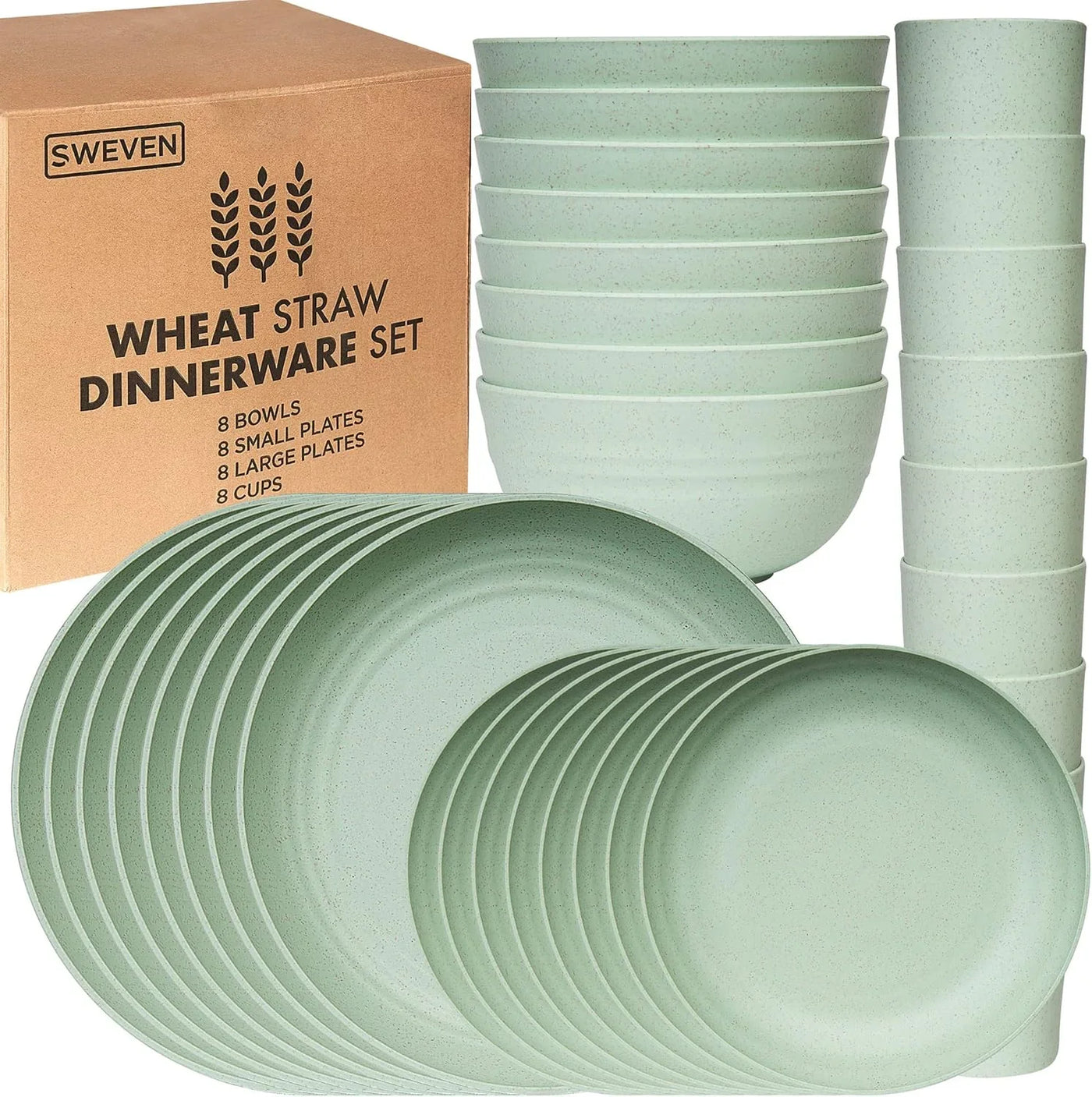 Wheat Straw Dinnerware Sets | Unbreakable Dinnerware Sets | Dishwasher Microwave Safe Dinnerware | Eco Friendly Non Breakable Dinnerware Sets | RV Outdoor Camping (Green, Service for 8 (32 Pcs))