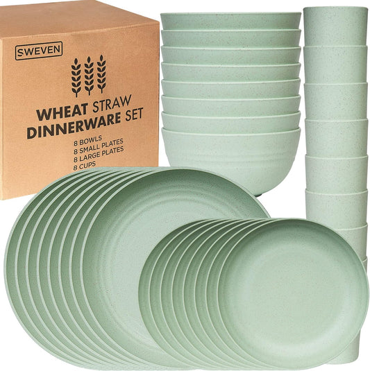 Wheat Straw Dinnerware Sets | Unbreakable Dinnerware Sets | Dishwasher Microwave Safe Dinnerware | Eco Friendly Non Breakable Dinnerware Sets | RV Outdoor Camping (Green, Service for 8 (32 Pcs))