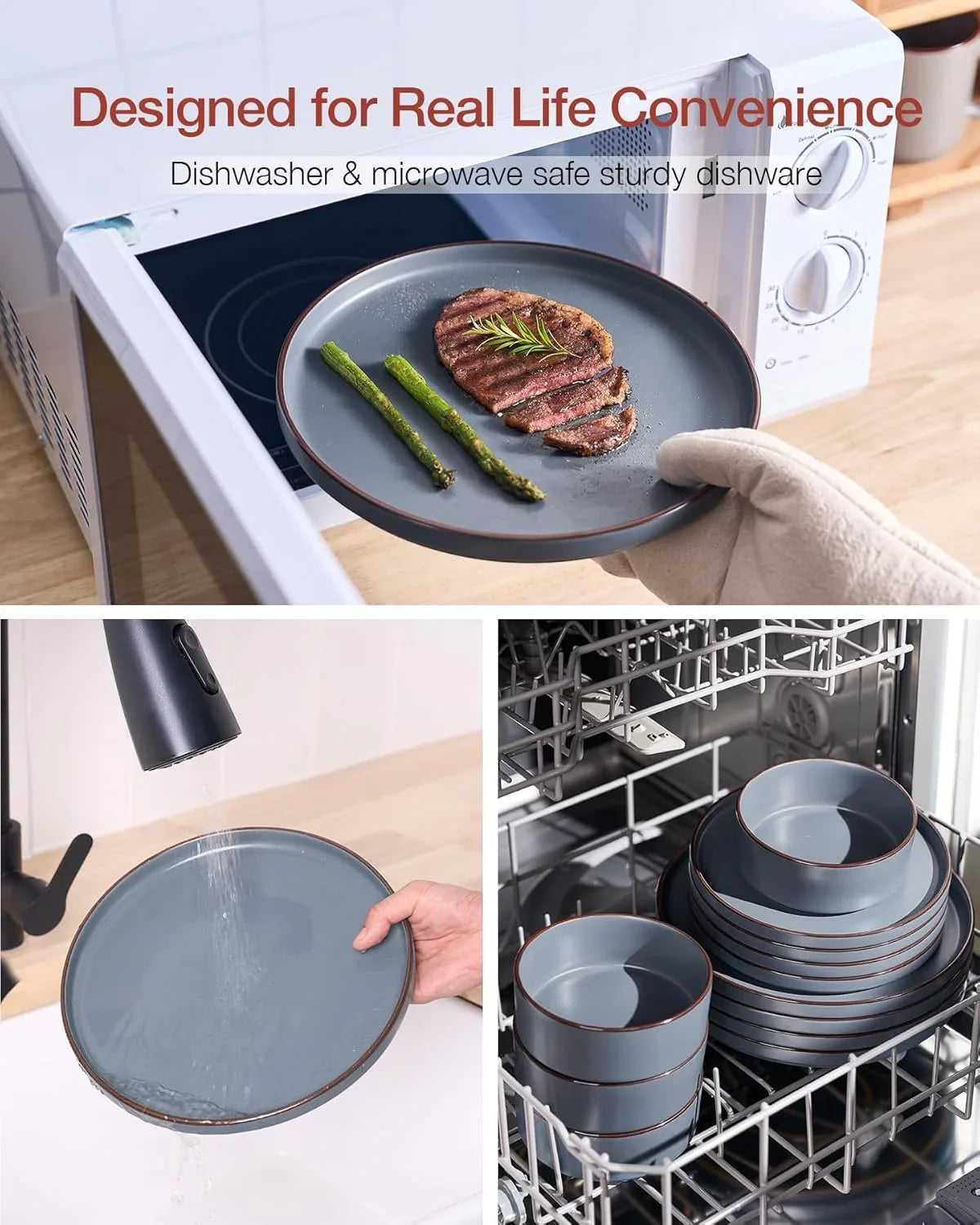 Nebula Ridge Stoneware Dinnerware Sets, Plates and Bowls Sets for 4, 12 Pieces Dishes Set, Microwave and Dishwasher Safe Kitchen Plates, Charcoal