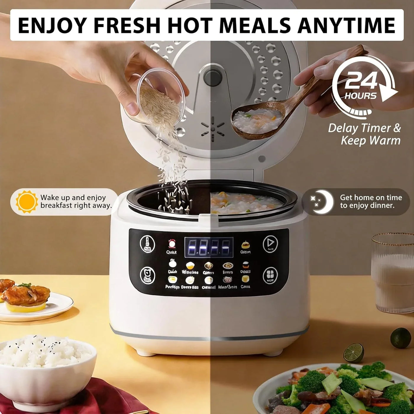 Portable Digital Rice Cooker, 6-Cup (Uncooked)/12-Cup (Cooked) Small Rice Maker with Steaming Basket, Mini Rice Cooker with 2L Removable Nonstick Inner Pot, 10 Menu Options, Auto Keep Warm, 24 Hour Delay Timer, White