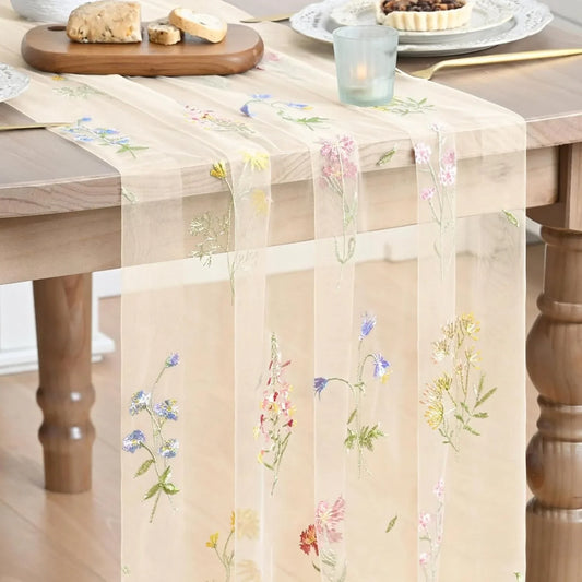 Wildflower Floral Beige Apricot Gauze Embroidery Table Runner 120 Inch 10FT, Tulle Seasonal Spring Kitchen Dining Table Decor for Home Party