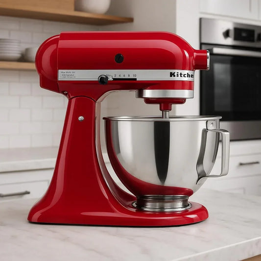 Red KitchenAid stand mixer with stainless steel bowl on marble countertop in modern kitchen