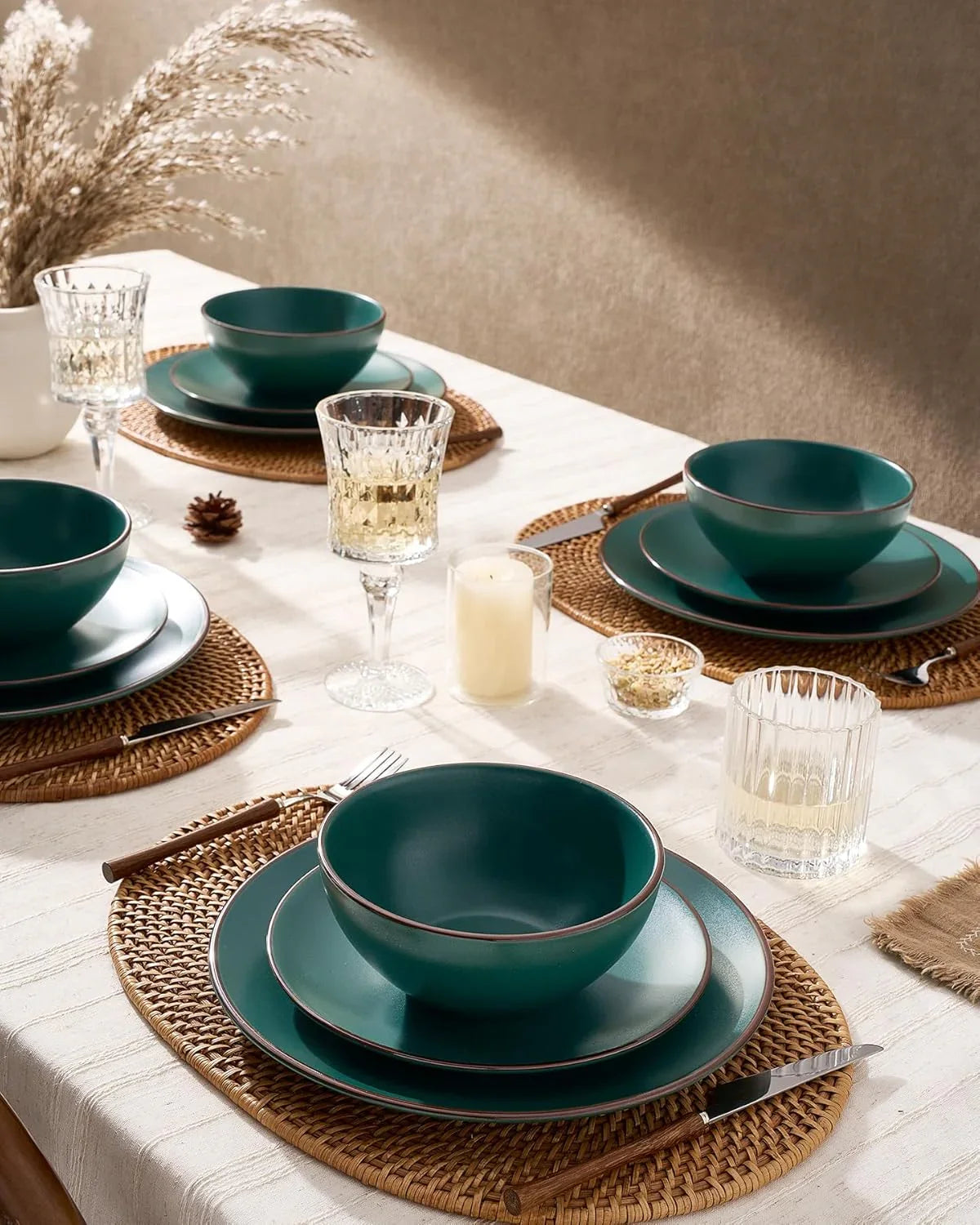 Venus 12-Piece Plates and Bowls Sets with Trim for 4, Stoneware Dinnerware Set, Modern Minimalist Dishes for Everyday & Formal Use, Chip Resistant, Microwave/Dishwasher Safe, Matte Dark Green