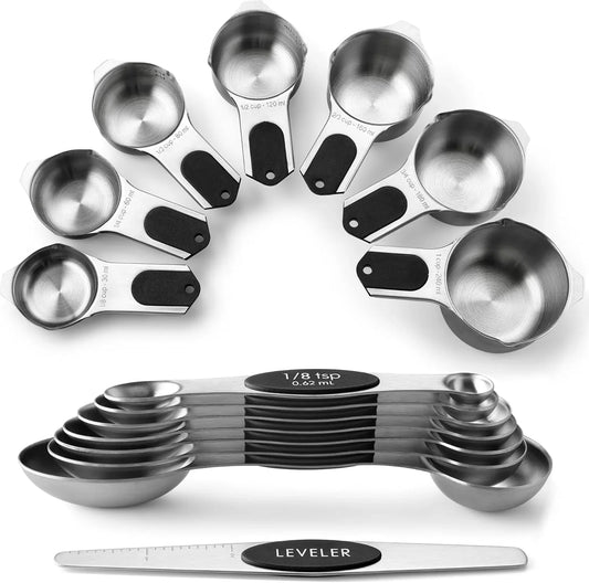 Magnetic Measuring Cups & Spoons Set, Patented, Strong N45 Magnets, Heavy Duty Stainless Steel Fits in Spice Jars for Baking & Cooking, BPA Free, round Set of 15 with Leveler, Black