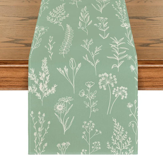 Sage Green Leaves Flowers Spring Table Runner, Seasonal Kitchen Dining Table Decoration for Home Party Decor 13X72 Inch
