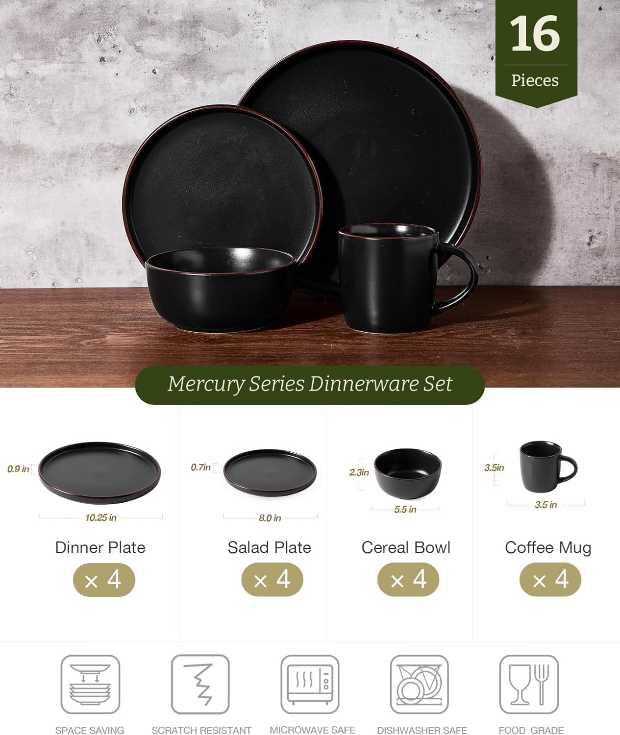 Mercury Dinnerware Sets with Mugs, Service for 4 (16 Pieces), Plates and Bowls Sets, Microwave and Dishwasher Safe Dishes Set, Matte Black