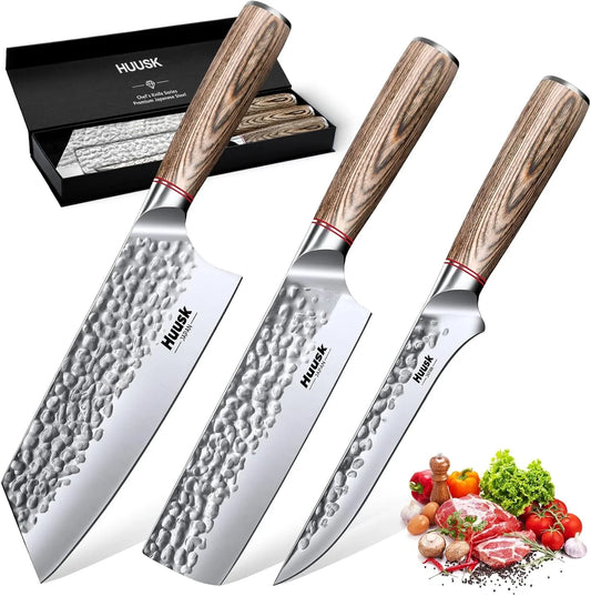 Kitchen Knife Set 3Pcs - Japanese Nakiri Vegetable Knife, Meat Cleaver Boning Knife for Meat Cutting, Hand Forged Butcher Chef Knives Set for Kitchen Home Cooking, Father'S Day Gifts for Men