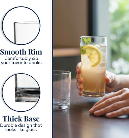 Classic Clear Plastic Reusable Drinking Glasses (Set of 8) 12Oz Rocks & 16Oz Water Cups | Bpa-Free Tumblers, Made in USA | Top-Rack Dishwasher Safe