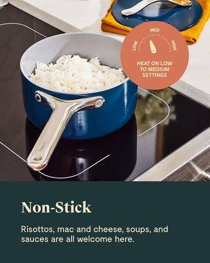 Nonstick Ceramic Sauce Pan with Lid (3 Qt) - Non Toxic, PTFE & PFOA Free - Oven Safe & Compatible with All Stovetops (Gas, Electric & Induction) - Navy