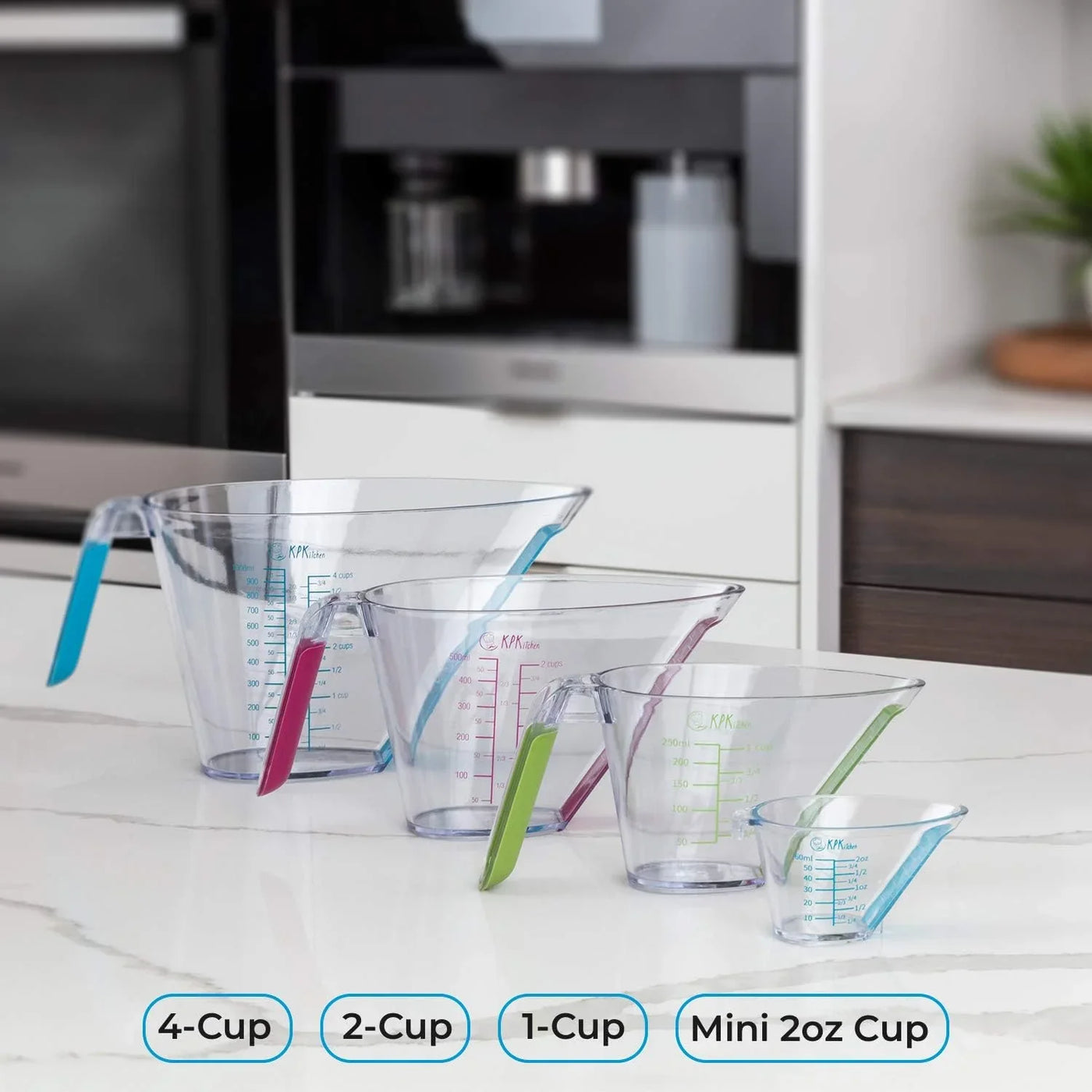 4-Piece Angled Liquid Measuring Cups Plastic Set - Bpa-Free Mini Oz, 1, 2 and 4 Plastic Measuring Cup Sizes - Measuring Cups for Liquids with ML & Cups Measures - Small & Large Measure Cup