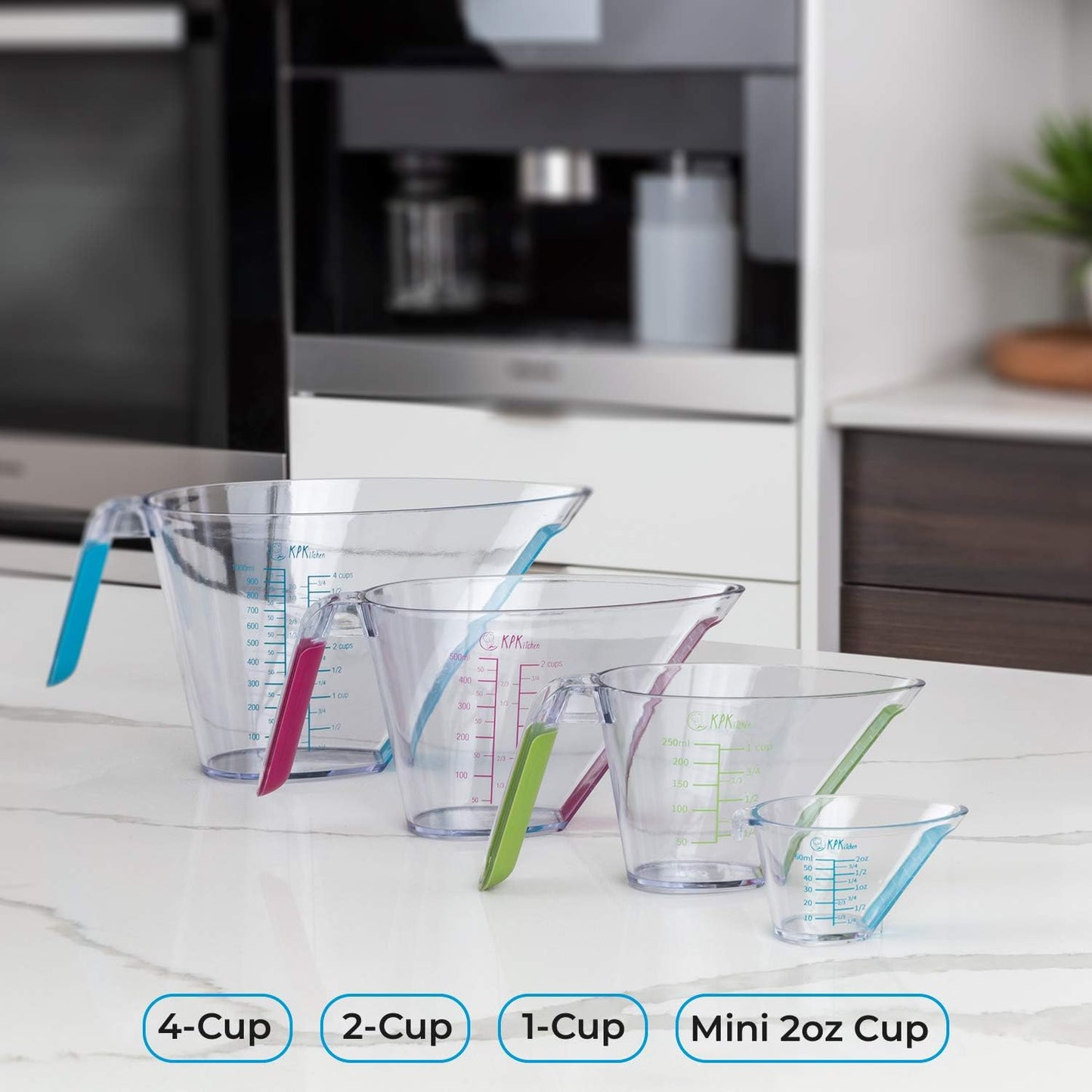 4-Piece Angled Liquid Measuring Cups Plastic Set - Bpa-Free Mini Oz, 1, 2 and 4 Plastic Measuring Cup Sizes - Measuring Cups for Liquids with ML & Cups Measures - Small & Large Measure Cup