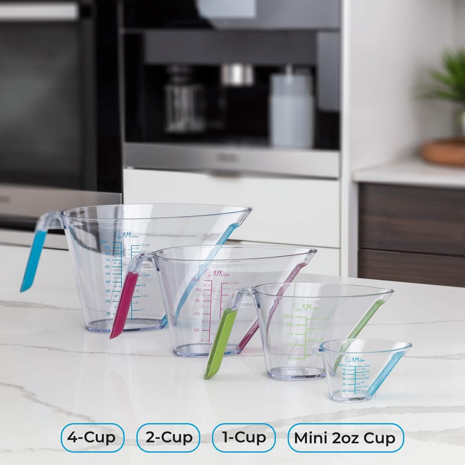 4-Piece Angled Liquid Measuring Cups Plastic Set - Bpa-Free Mini Oz, 1, 2 and 4 Plastic Measuring Cup Sizes - Measuring Cups for Liquids with ML & Cups Measures - Small & Large Measure Cup