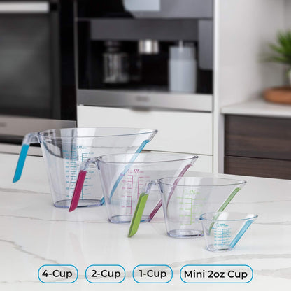 4-Piece Angled Liquid Measuring Cups Plastic Set - Bpa-Free Mini Oz, 1, 2 and 4 Plastic Measuring Cup Sizes - Measuring Cups for Liquids with ML & Cups Measures - Small & Large Measure Cup