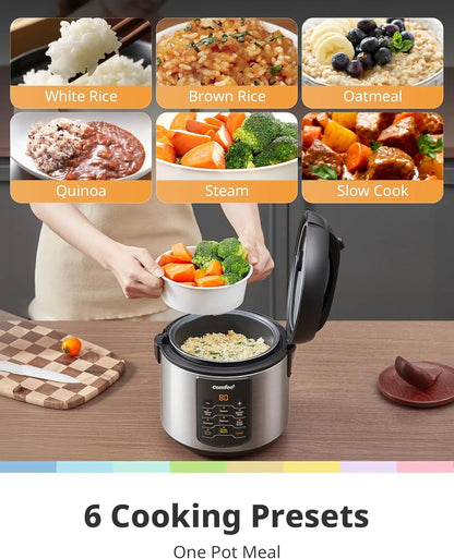 Compact Rice Cooker, 6-In-1 Stainless Steel Multi Cooker, Slow Cooker, Steamer, Saute, and Warmer, 2 QT, 8 Cups Cooked(4 Cups Uncooked), Brown Rice, Quinoa and Oatmeal, 6 One-Touch Programs, Corded Electric