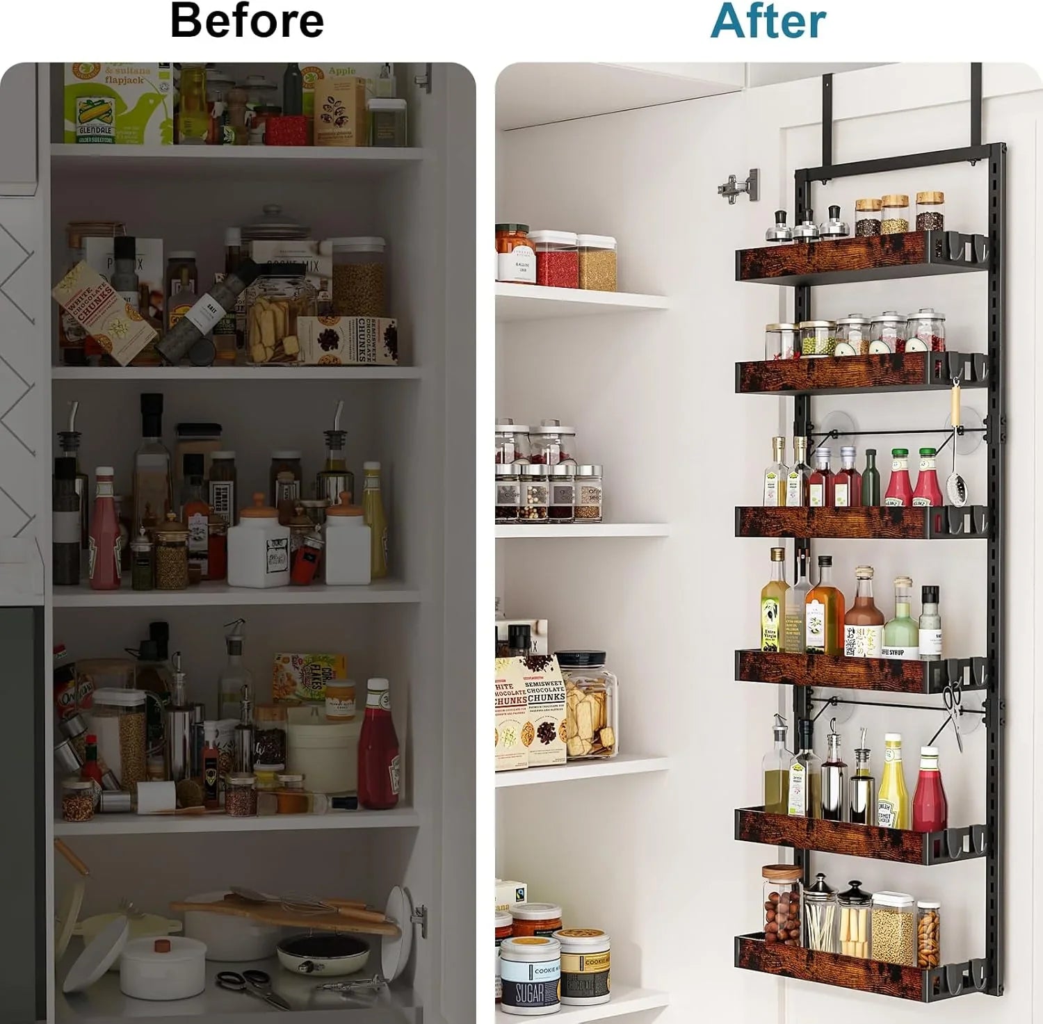 over the Door Pantry Organizer, 6-Tier Adjustable Wooden Basket Kitchen Pantry Door Organization and Storage, Heavy-Duty Metal Hanging Kitchen Spice Rack, D6.3 X W17.71 X H50.60 Inch, 1 Pack