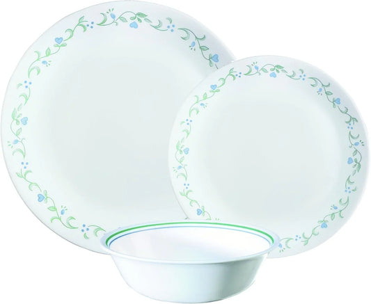 Vitrelle Glass 12-Piece Country Cottage Chip and Break Resistant Dinner Set, Green/Blue - 3029B