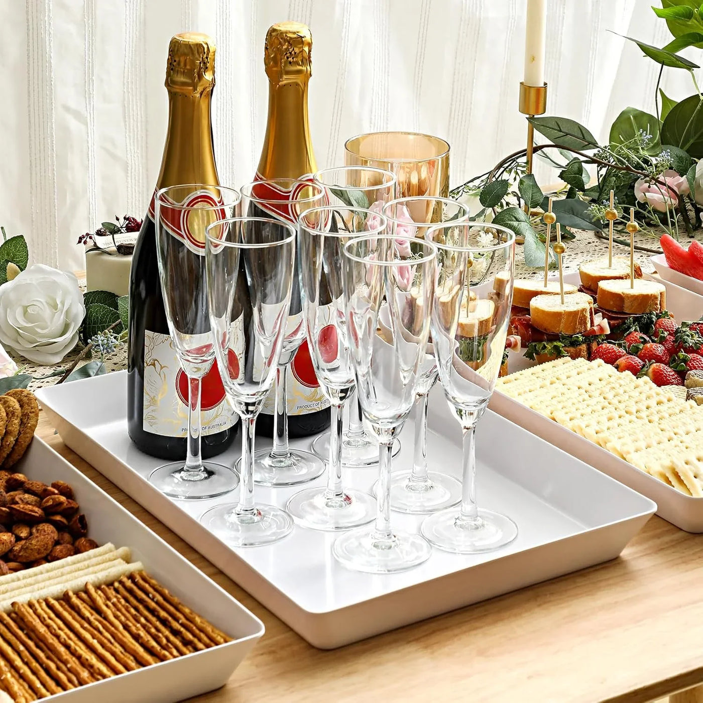 4-Pack Plastic 16" X 11" Large White Serving Trays Set - Reusable Serving Platters for Cookie, Appetizer, Charcuterie, Snack, Dessert, Party Food Display - Stackable Kitchen Countertop Tray, BPA Free