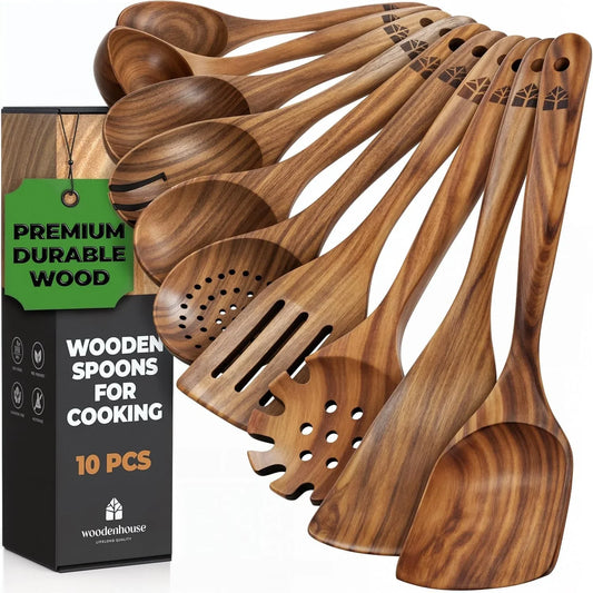 Wooden Spoons for Cooking – 10 Pc Teak Wood Utensil Set, Durable, Nonstick Safe & Heat Resistant with Ergonomic Handles