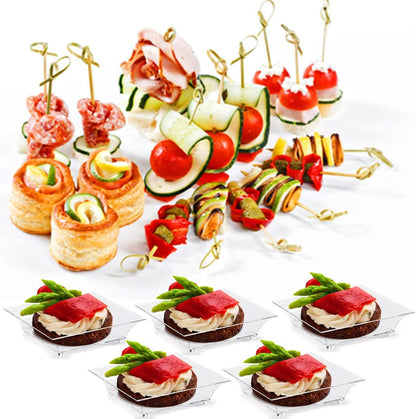100Ct Mini Dessert Plates with Tasting Spoons, 2.5 Inch Small Reusable Clear Plastic Square Party Serving Hors D'Oeuvres Plates for Appetizers (Square)