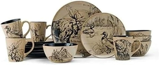 Animal Print 16 Piece Dinnerware Set, Service for 4, Black and Beige
