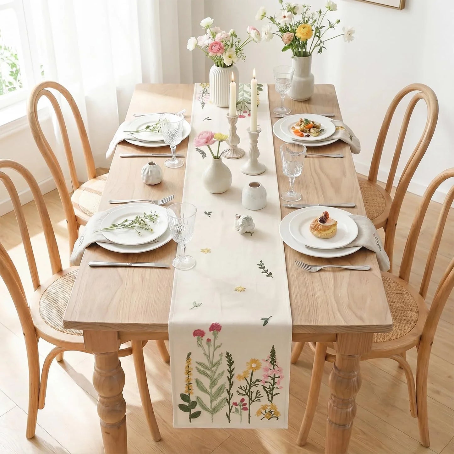Beige Soft Chain Embroidery Wild Floral Spring Table Runner, Seasonal Summer Kitchen Dining Table Decoration for Home Party Decor 13X72 Inch