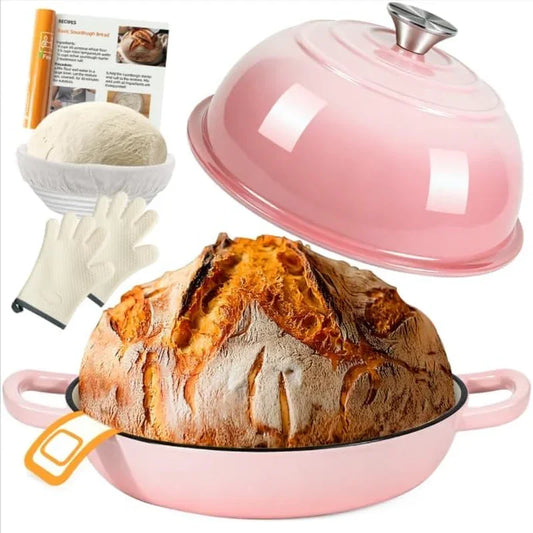 6QT Dutch Oven for Bread Baking, Enameled Cast Iron Dutch Oven Pot with Lid, Multi-Functional Bread Pan, Sourdough Baking Supplies with Proofing Basket, Cast Iron Bread Oven, Silicone Sling & Gloves.