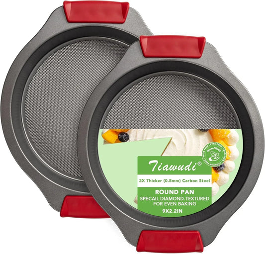 9" round Cake Pan Set of 2, 0.8Mm Thick Heavy Duty Bakeware for Tiered & Layered Cakes, Nonstick Baking Pan with Diamond Texture for Even Heating, Cake Mold with Silicone Grip Handles