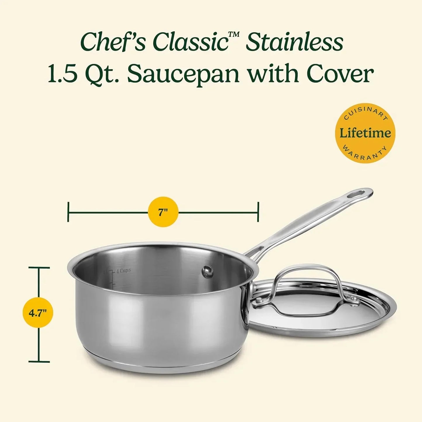 Chef's Classic 1.5 Qt stainless steel saucepan with lid, 7-inch diameter, 4.7-inch height, lifetime warranty