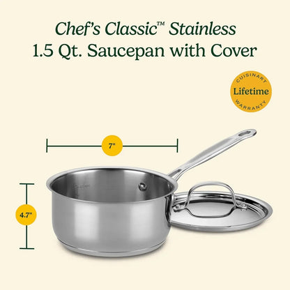 Chef's Classic 1.5 Qt stainless steel saucepan with lid, 7-inch diameter, 4.7-inch height, lifetime warranty