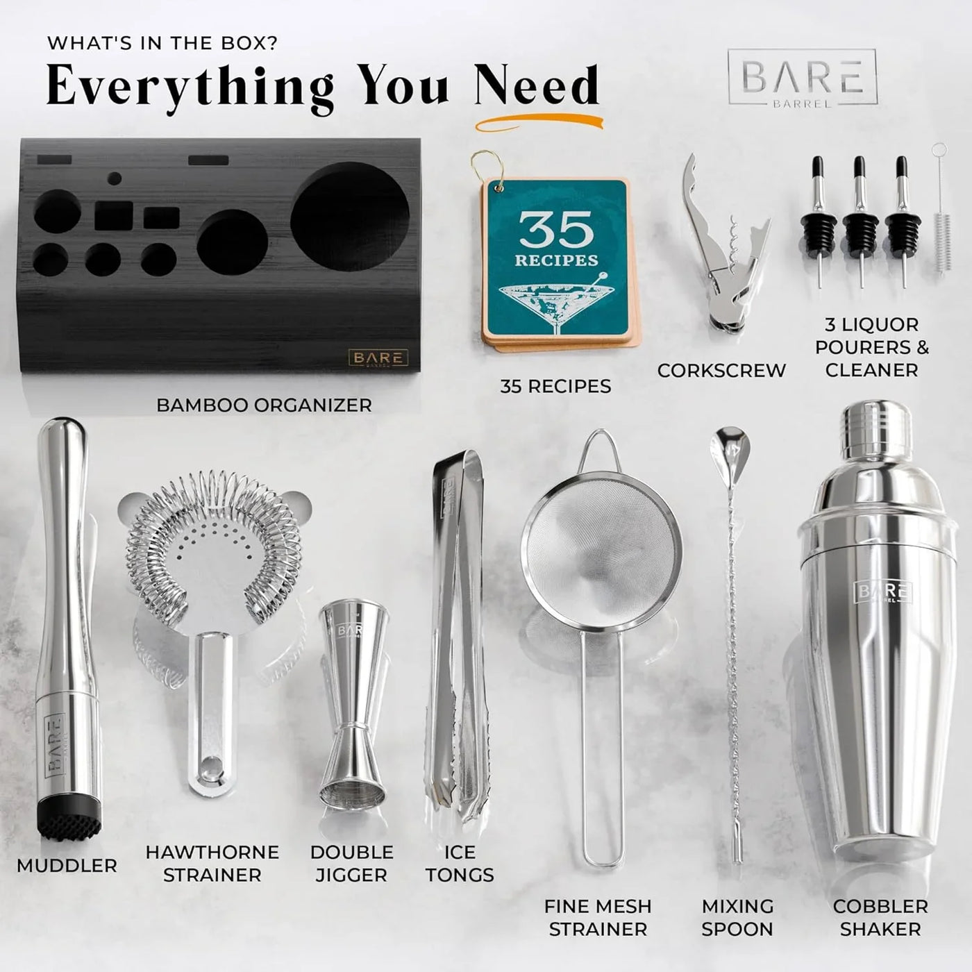 ® Mixology Bartender Kit Bar Set | 14-Piece Cocktail Shaker Set | Martini Barware Mixing Tools for Home Bartending | Incl. 35 Recipe Cards | Gift Set (24Oz Cobbler Shaker, Silver/Black)