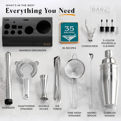 ® Mixology Bartender Kit Bar Set | 14-Piece Cocktail Shaker Set | Martini Barware Mixing Tools for Home Bartending | Incl. 35 Recipe Cards | Gift Set (24Oz Cobbler Shaker, Silver/Black)
