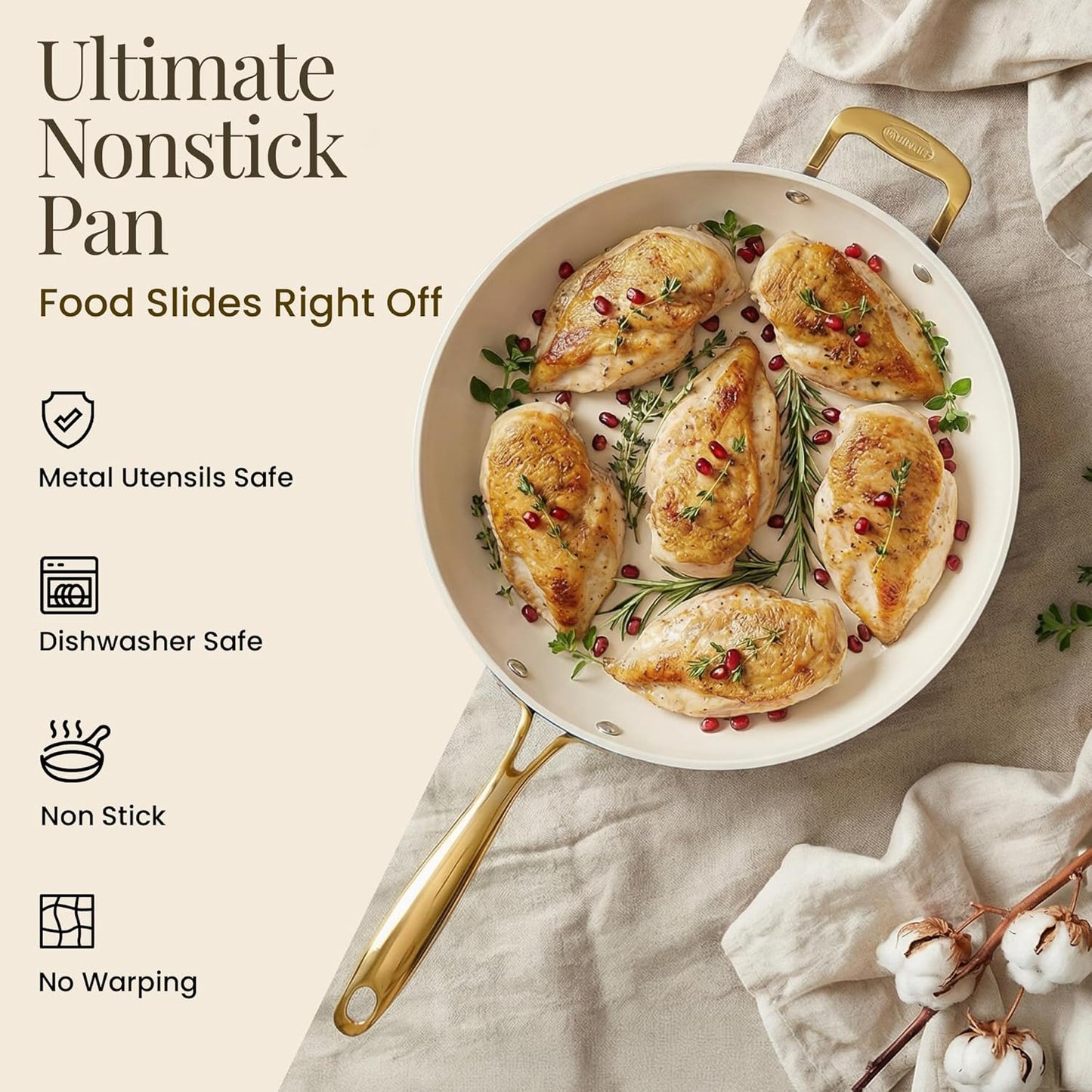 14 Inch Nonstick Frying Pan with Lid, Large Ceramic Skillet for Family, Non Toxic PFOA PFOS PFAS Free, Oven & Dishwasher Safe 500°F, Even Heat Distribution, Cream