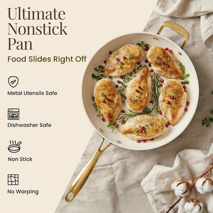 14 Inch Nonstick Frying Pan with Lid, Large Ceramic Skillet for Family, Non Toxic PFOA PFOS PFAS Free, Oven & Dishwasher Safe 500°F, Even Heat Distribution, Cream